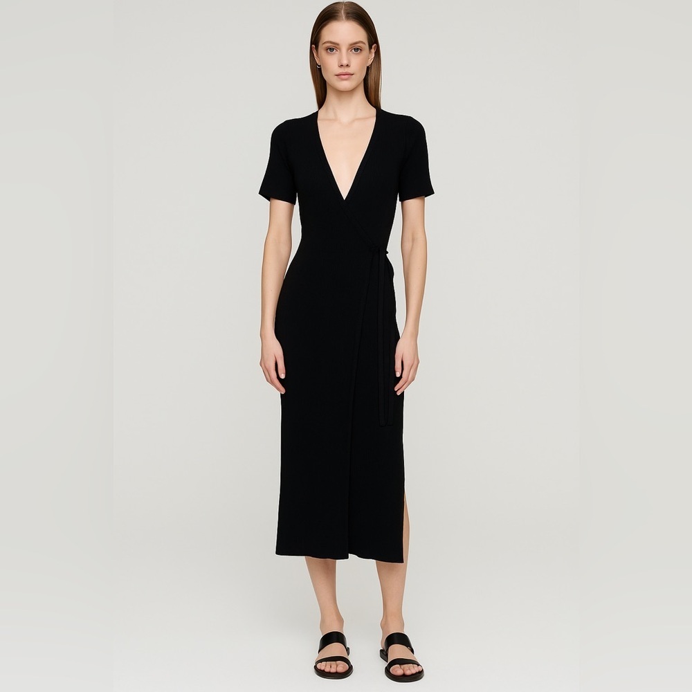 Modern Citizens Wrap Midi Ribbed Black Dress Minimalist Modern , Small